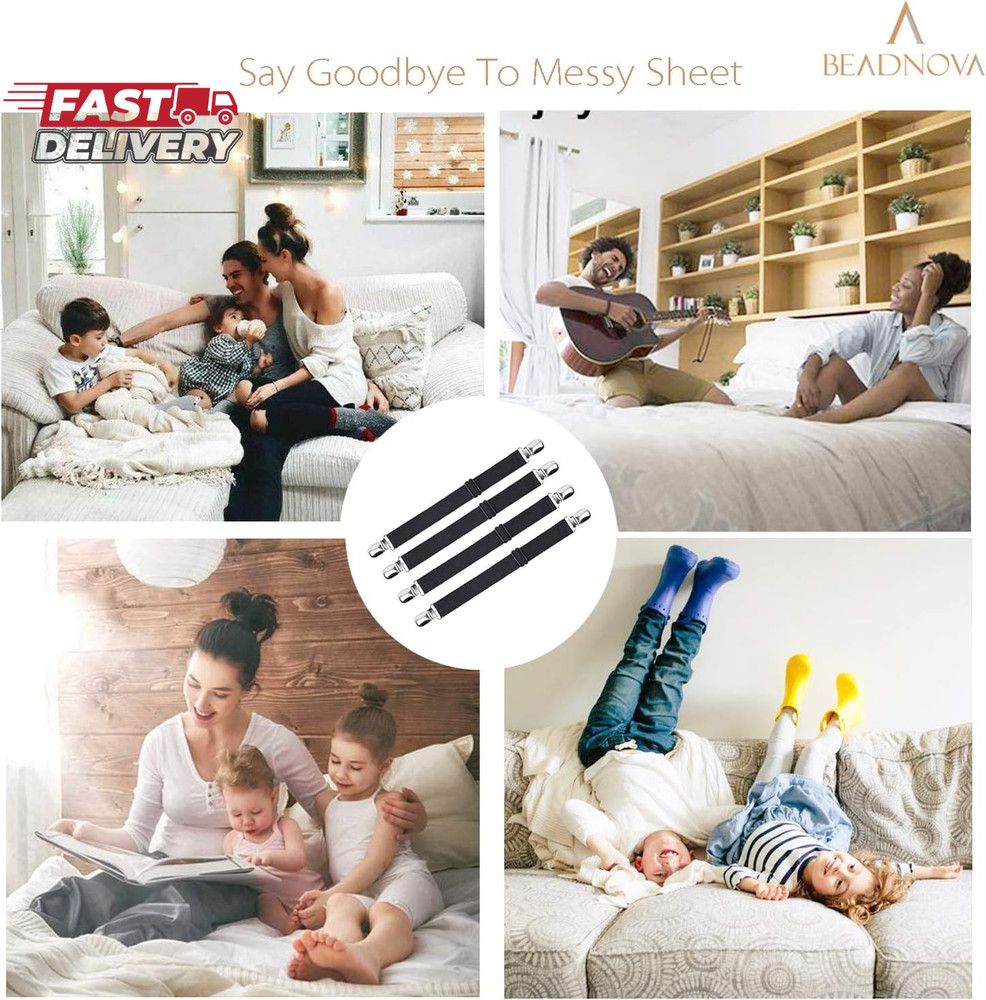 BEADNOVA Bed Sheet Straps 4 Pcs Bed Sheet Holders Fitted Sheet Clips Adjustable