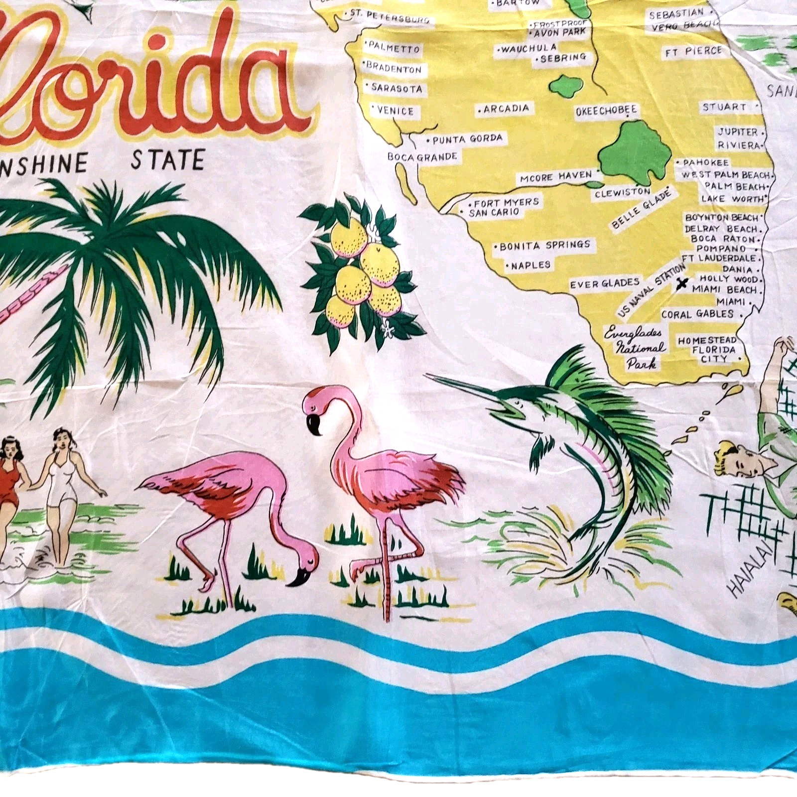 Vintage MCM Florida Map Scarf Rayon Turquoise Blue Hand Rolled Japan 30"X30"