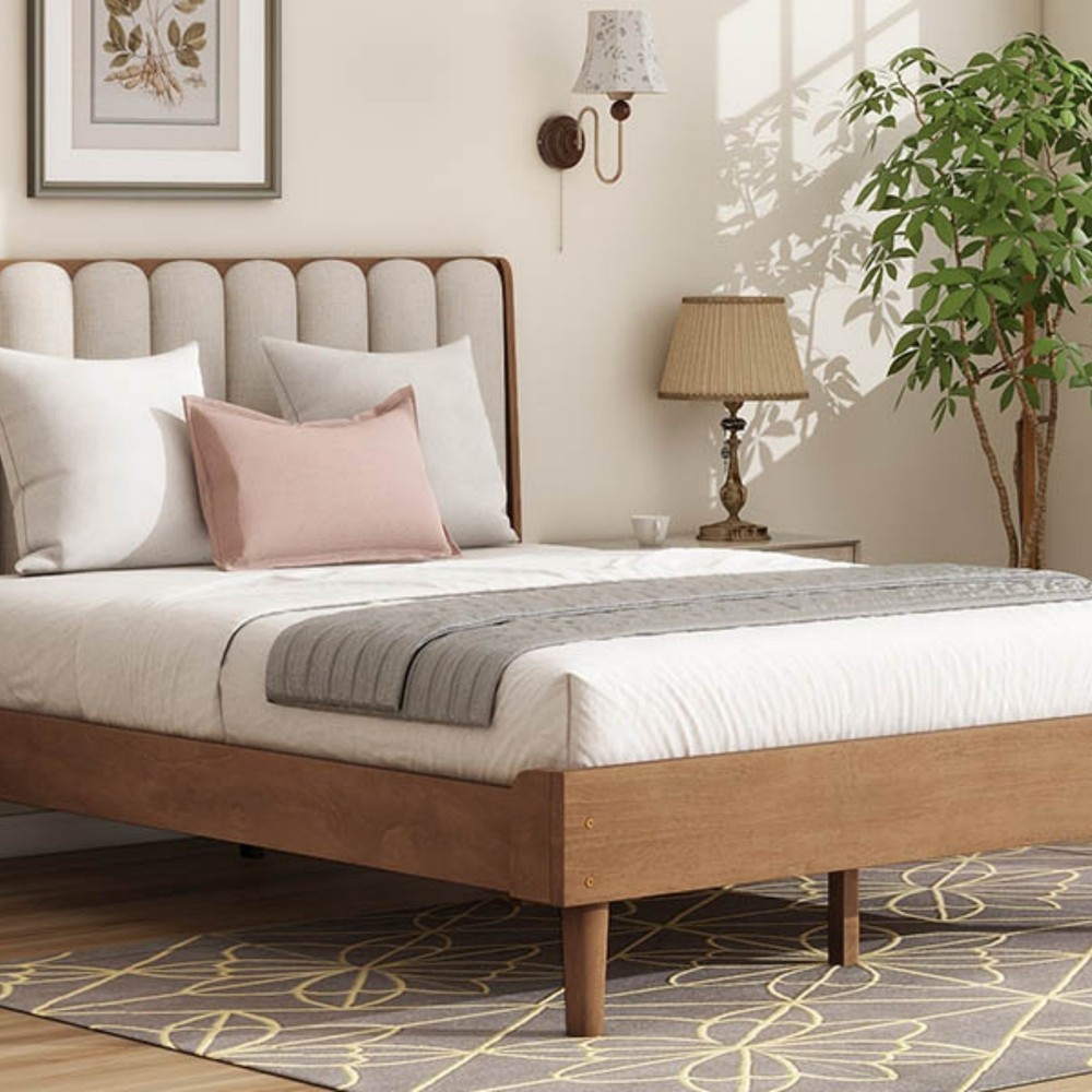 Queen/King Size Solid Wood Platform Bed Frame w/ Upholstered Headboard Wheat