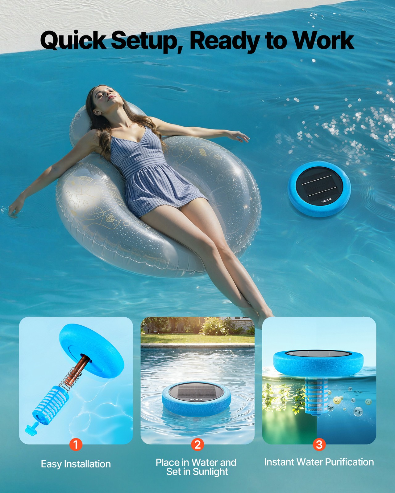 VEVOR Solar Pool Ionizer Round Copper Pool Ionizer Up to 45000 Gal for Pool Blue