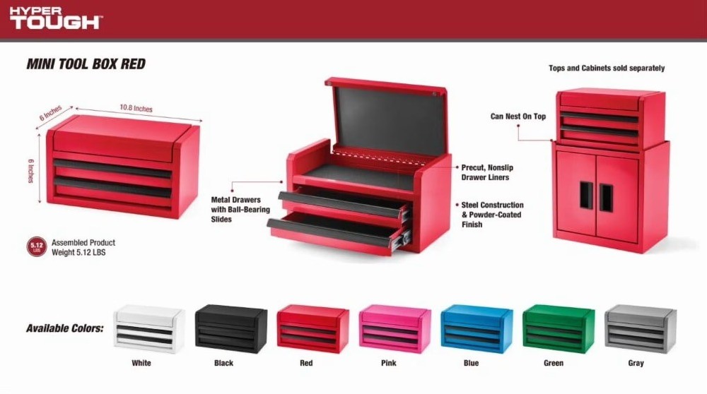 Mini 10-inch 2-drawer Steel Toolbox, Red