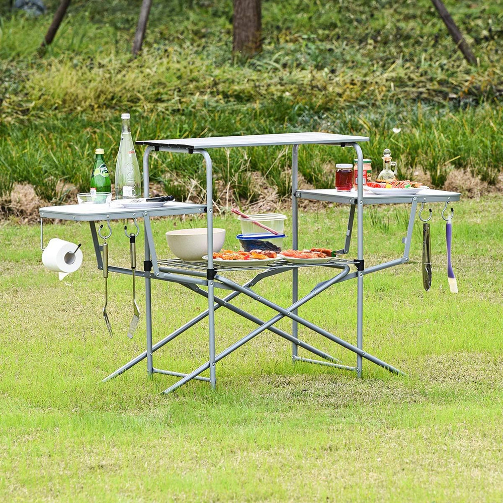 Folding Grill Table with 26'' Main Tabletop, Portable Aluminum Camping Table, Ca