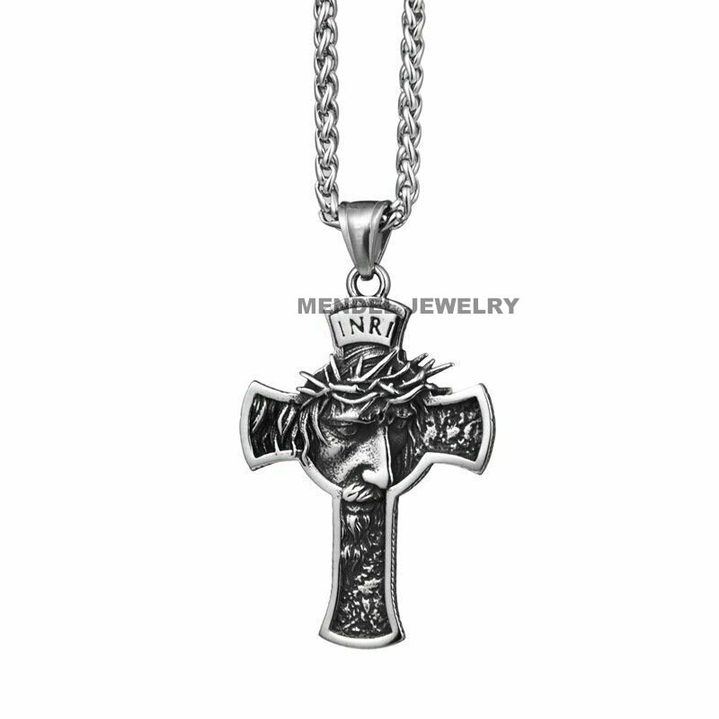 MENDEL Mens Stainless Steel Jesus Christ Face Crucifix Cross Pendant Necklace