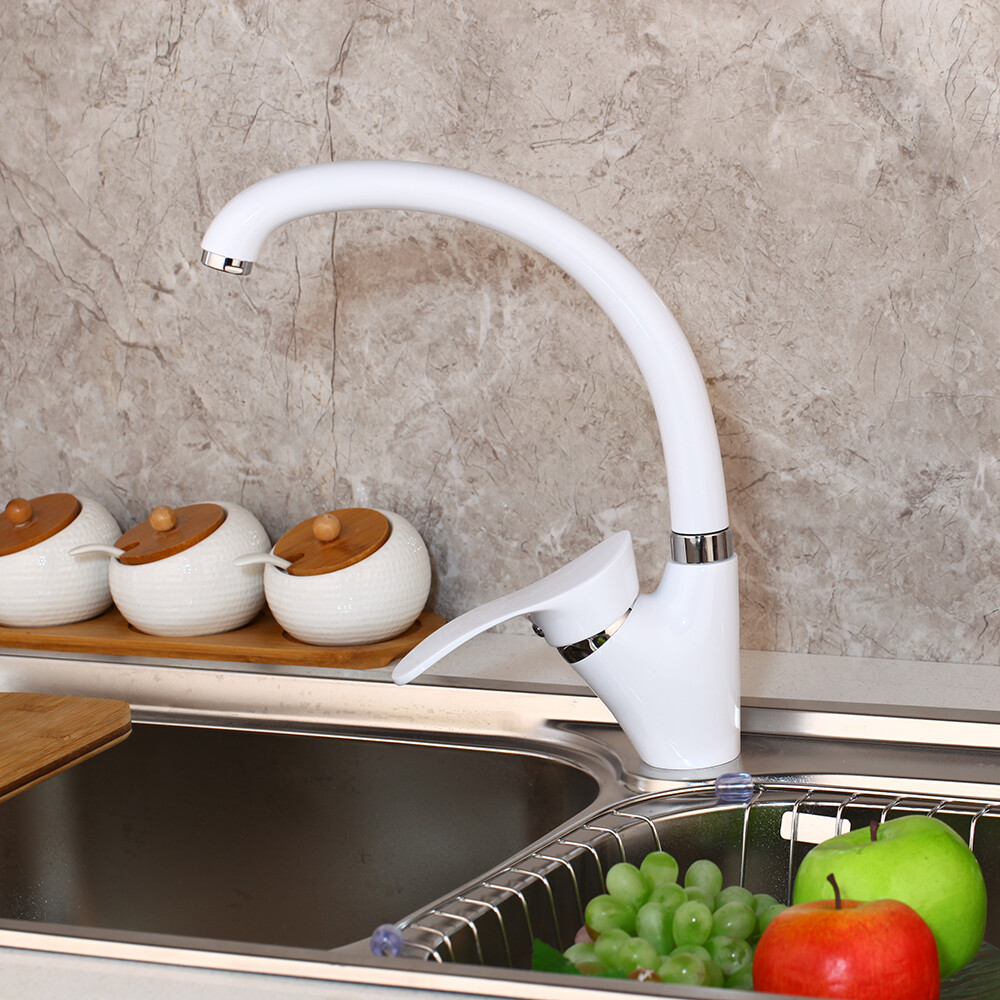 Kitchen Basin White Faucet Deck Mount Single Handle&Hole Brass Mixer Vanity Taps