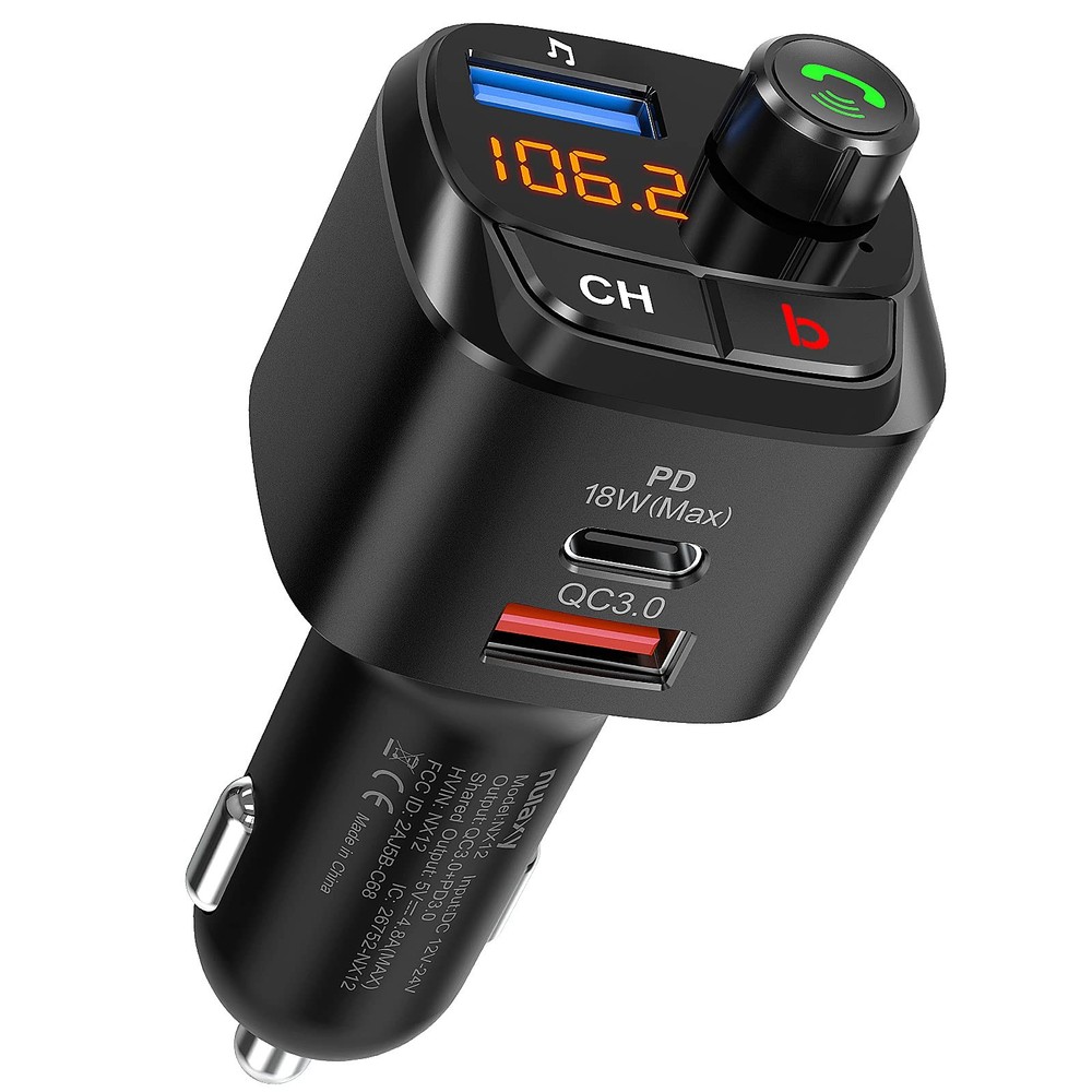 Nulaxy Bluetooth 5.0 FM Transmitter for Car, QC3.0 & USB-C PD Small, Black
