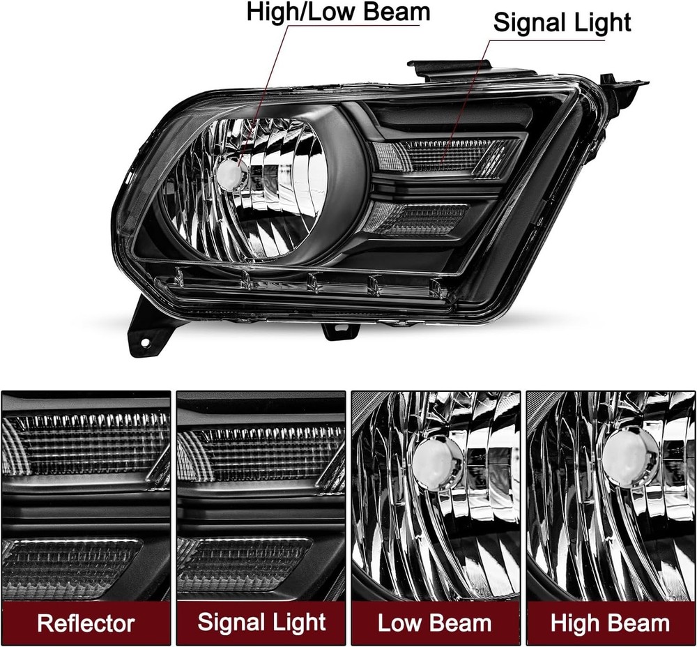 Halogen Headlight Assembly Replacement w/Bulbs for 2010-2014 Ford Mustan