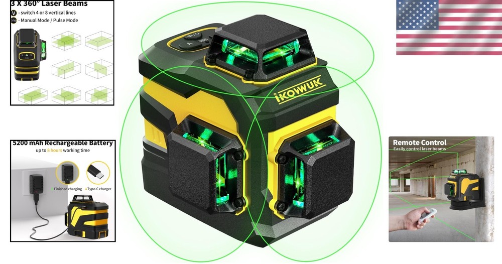 3x360° Laser Level with Remote Control - Precise Picture Hanging & Construction