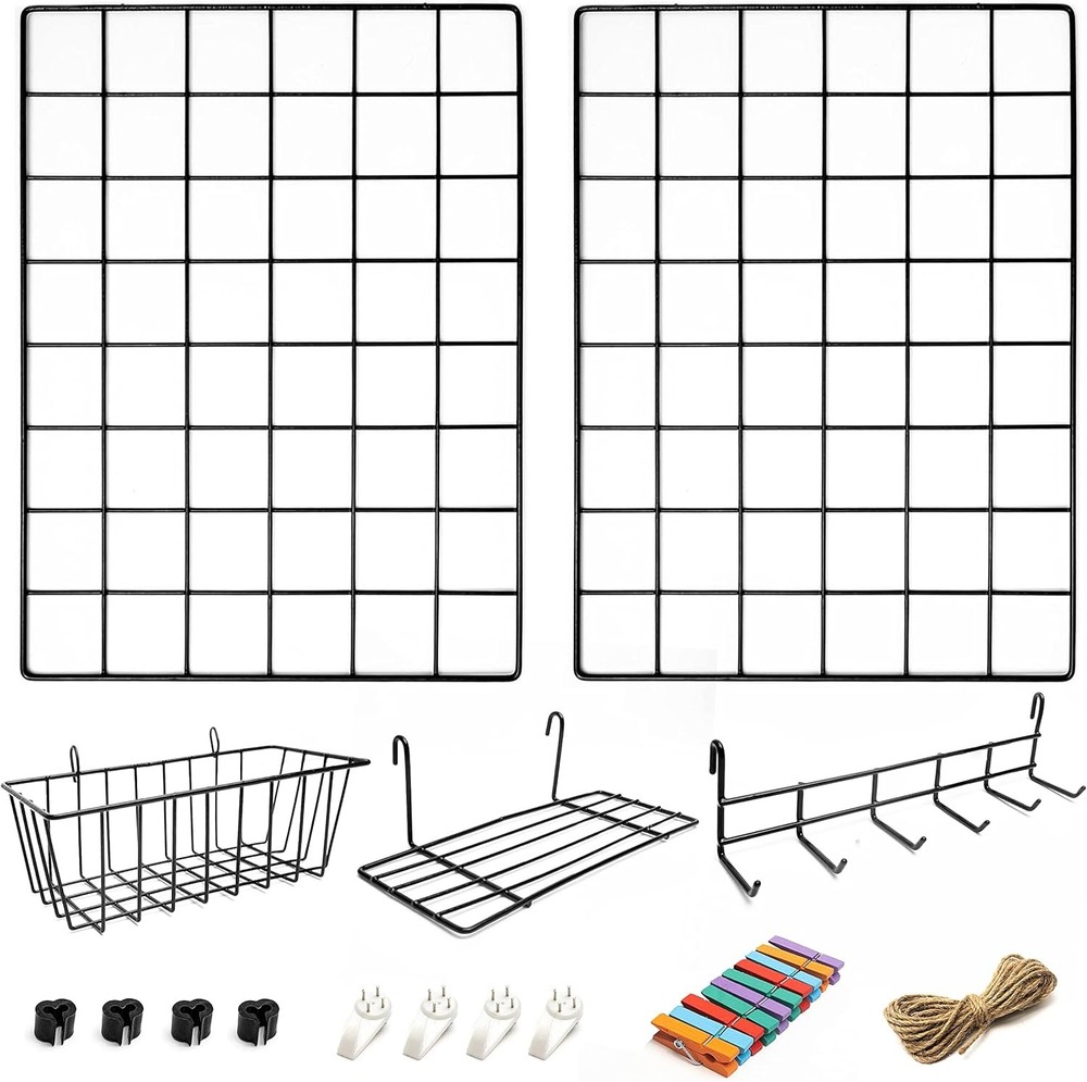 2 Pack Wire Wall Grid Panel with Accessories | Includes Hanging Basket, Shelf...