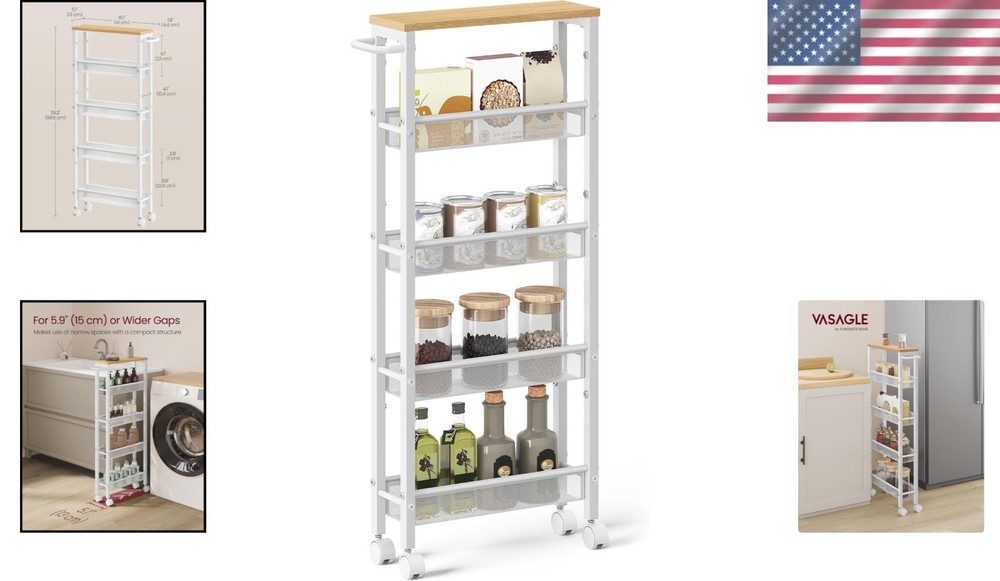 Space-Saving 5-Tier Slim Rolling Cart - Perfect for Home Office & Kitchen