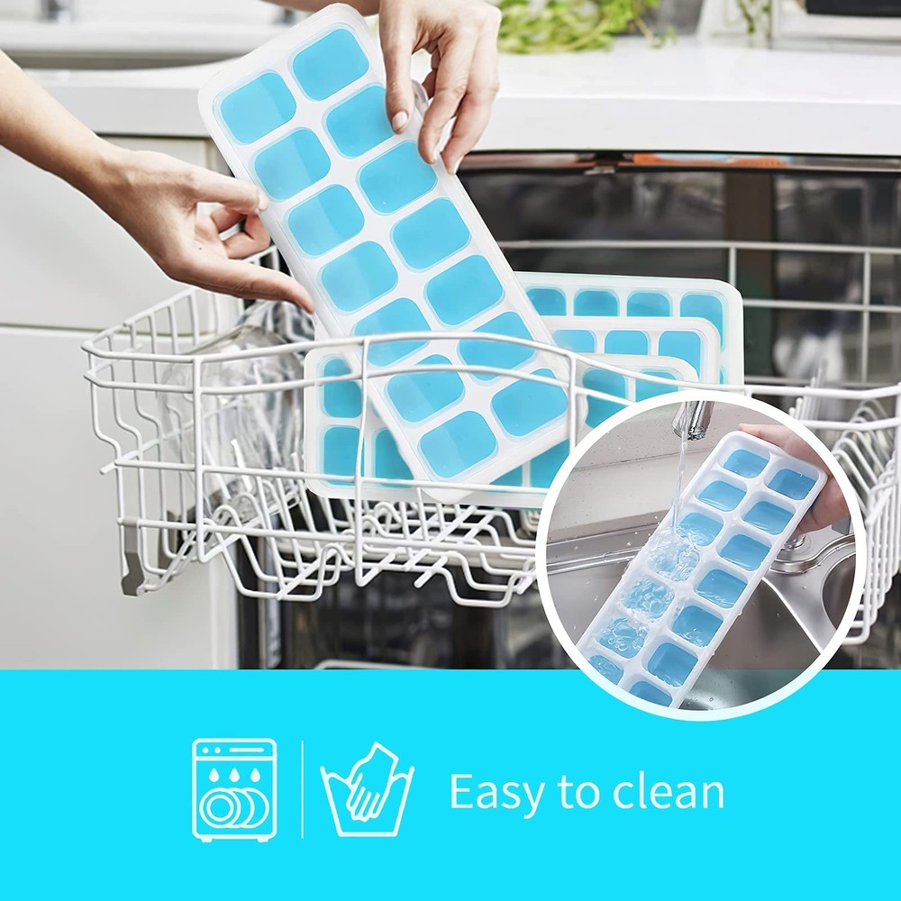 4 Pack Silicone Ice Cube Trays with Removable Lid Easy-Release Flexible 14-cube