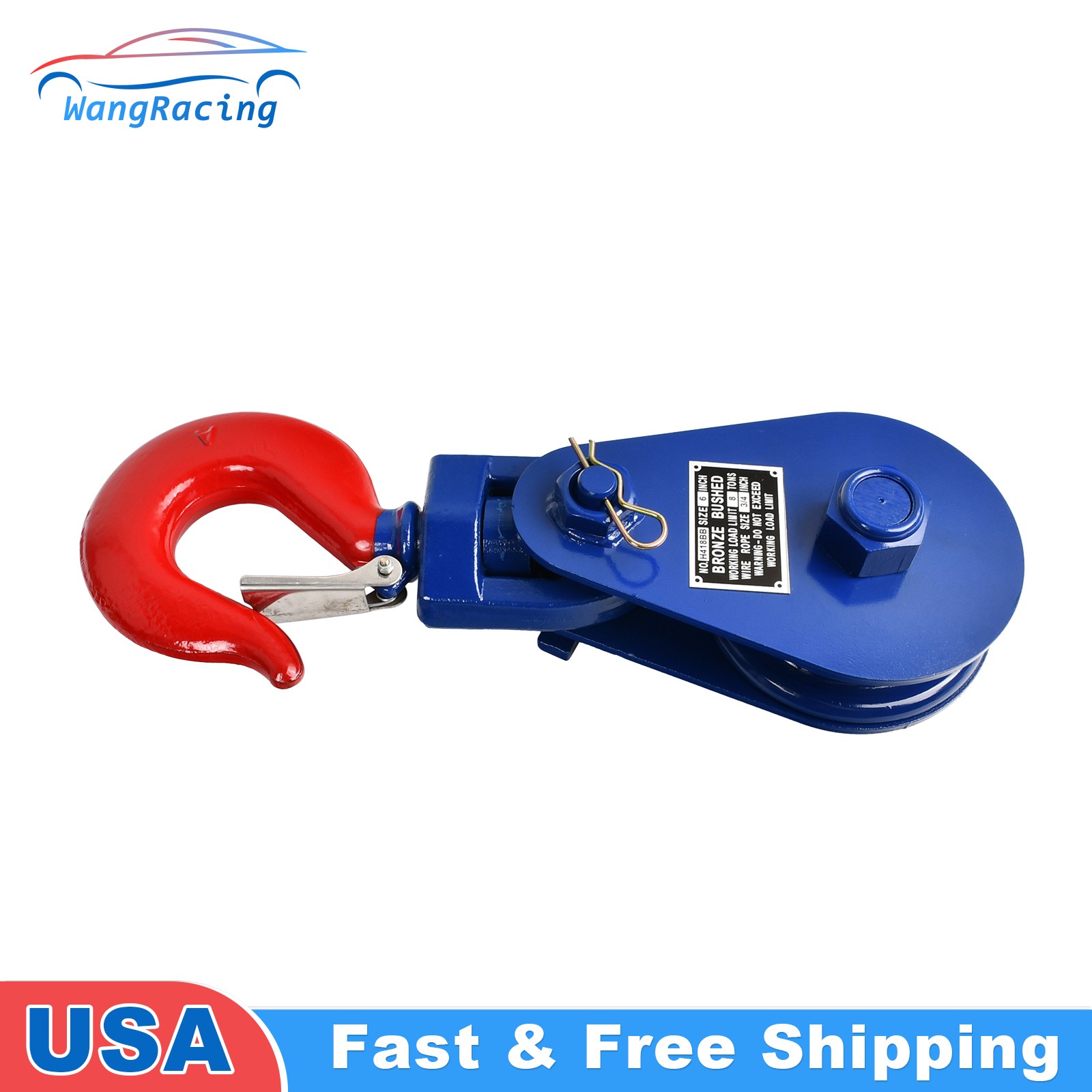 8 Ton Snatch Block 6" Sheave 3/4" Wire Rope + Swivel Hook For Wrecker Roll Back