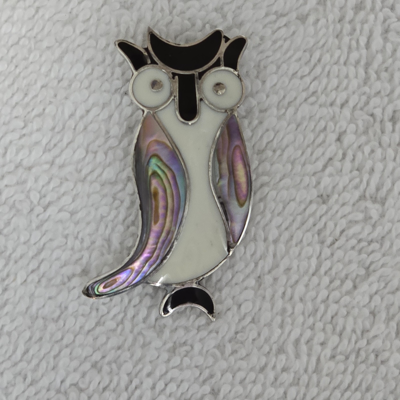Vintage Brooch Pin Alpaca Mexico Abalone Shell Owl .75" x 1.5"