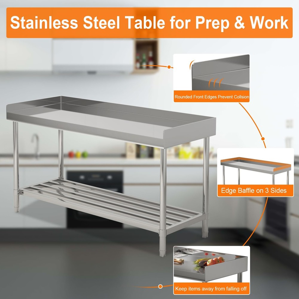 48'' x 24'' Stainless Steel Table for Prep & Work with Backsplash for Kitchen