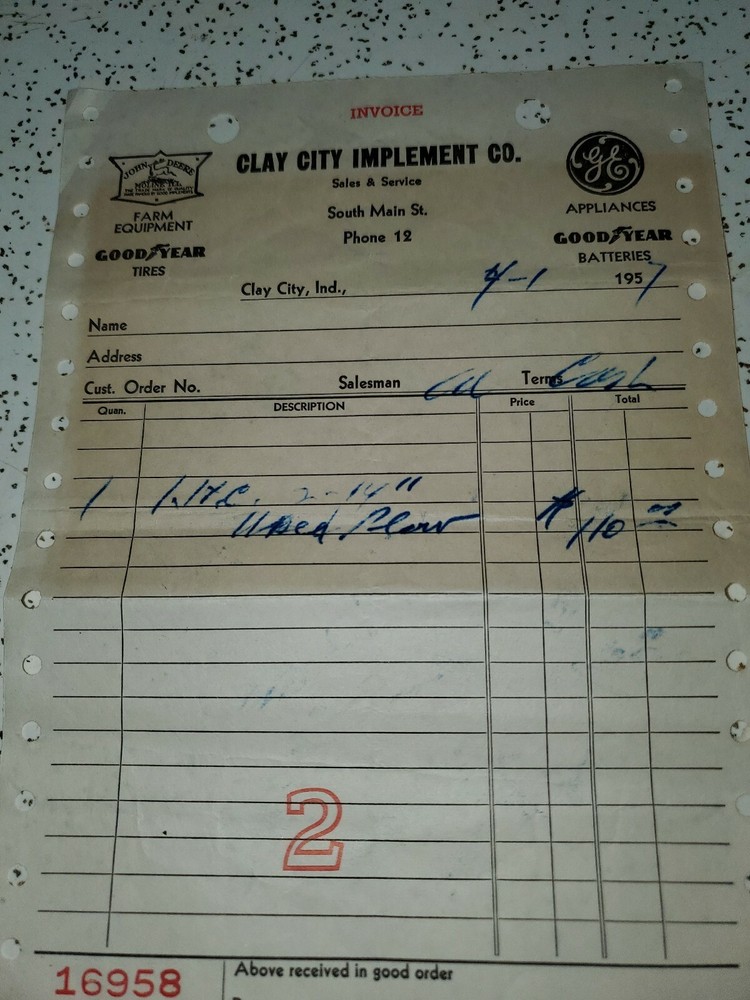 1957 Invoice CLAY CITY IMPLEMENT CO. / JOHN DEERE / GOODYEAR / G.E.