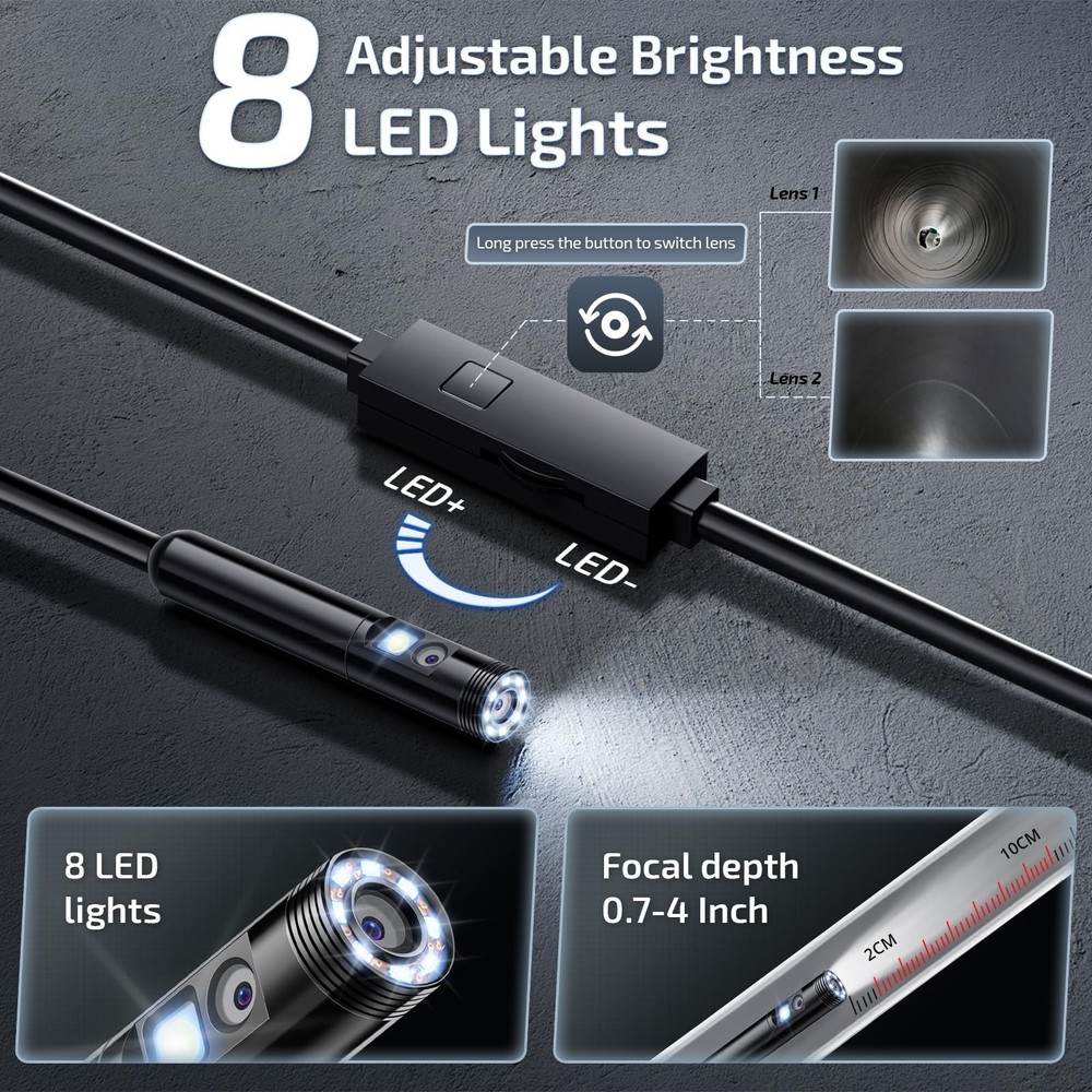 Endoscope Camera with Light, 1920P Borescope Camera with 8+1 Adjustable LED L...