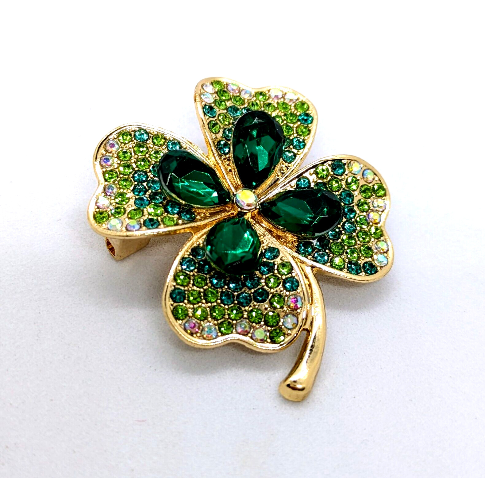 FOUR LEAF CLOVER BROOCH Green Frosted-Tips Lapel Pin St. Patrick's Day Shamrock