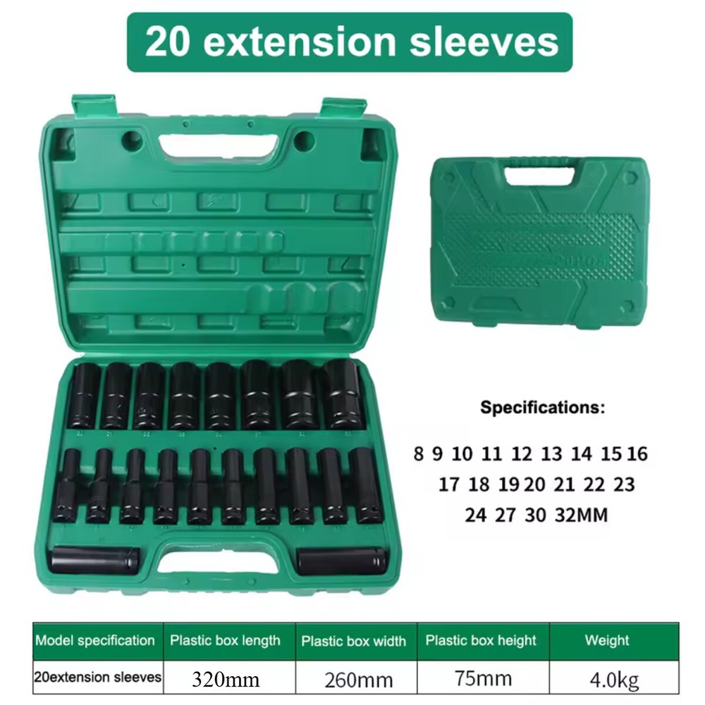 1/2" Drive Impact Socket Set 20 Piece Deep Socket 6 Point Metric Size (8-32mm)