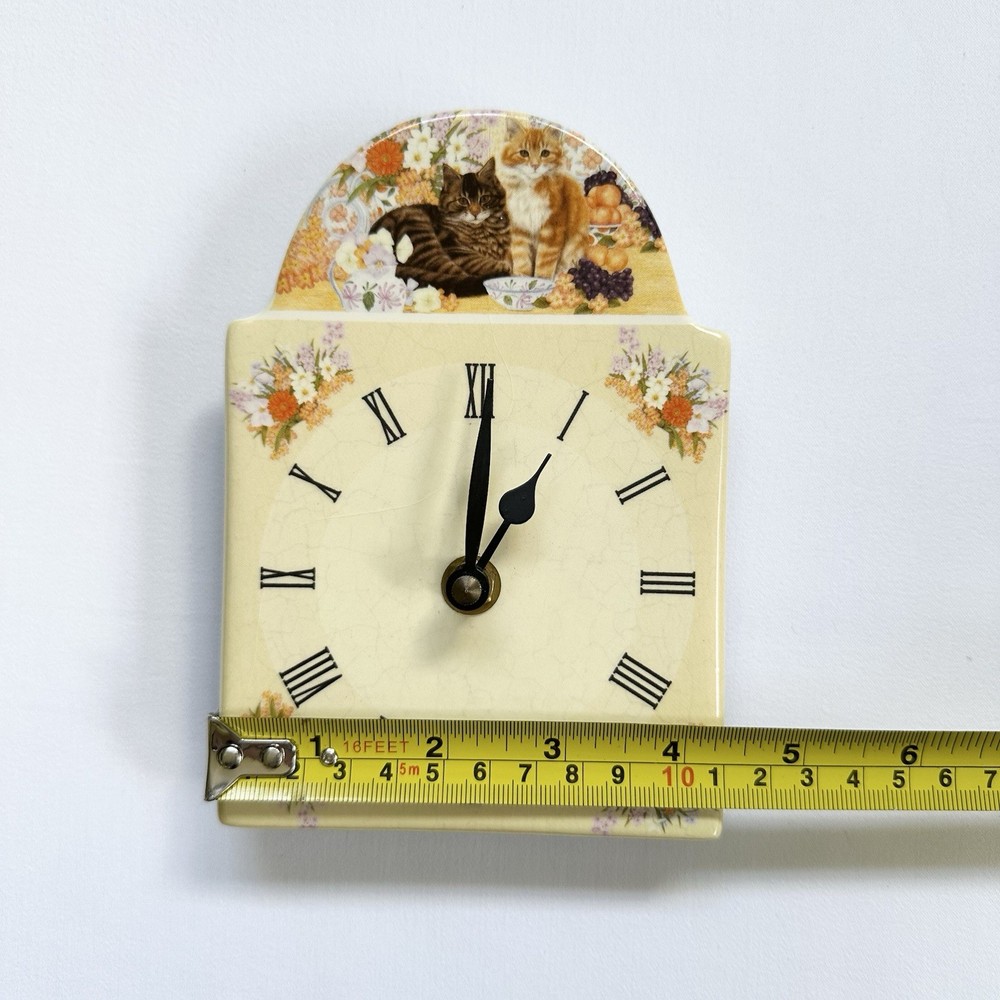 Vintage 2001 Ceramic Tile Wall Clock Kittens Flowers Garden Rustic