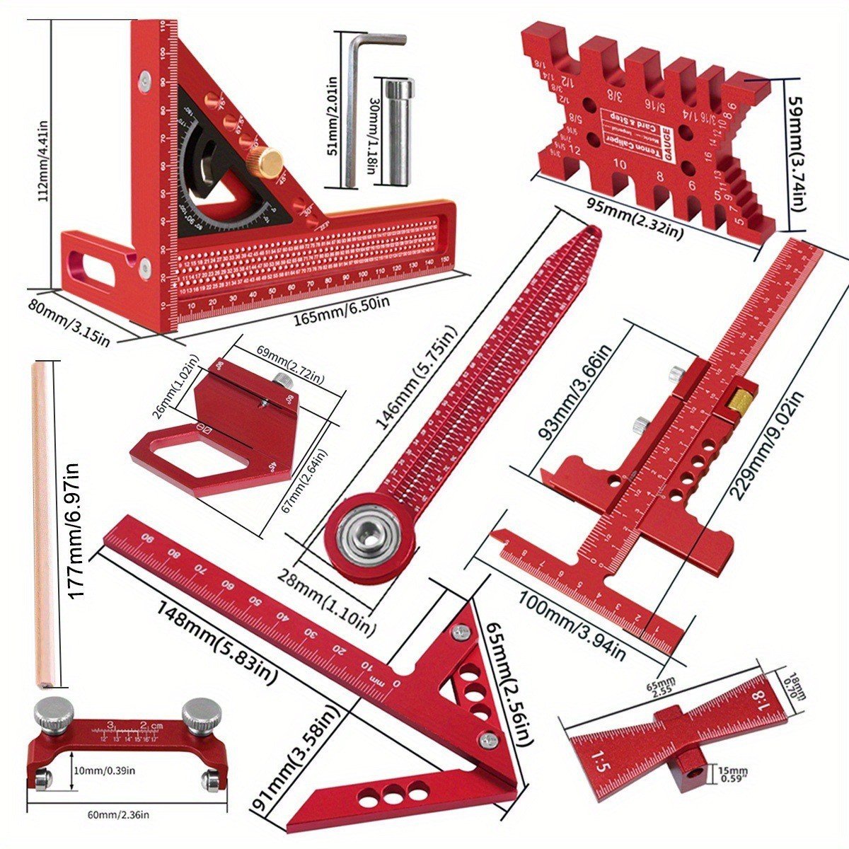 New 9PC Aluminum Woodworking Layout Tool Set Square & Angle Rulers With Center