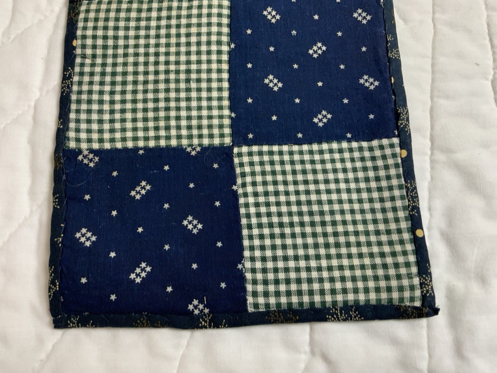 Vintage Patchwork Quilt Table Topper, Early Calicos, Four Patch, Navy, Green