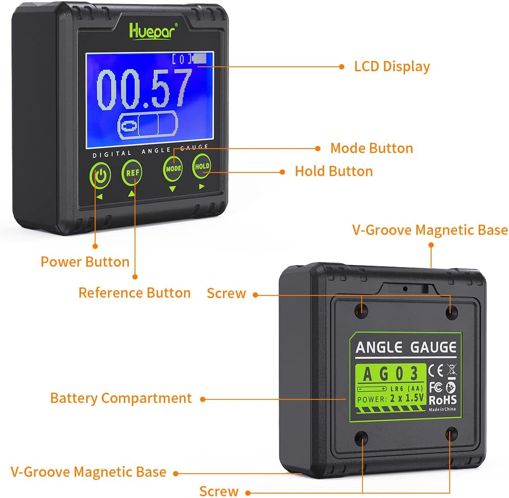 Huepar Digital Angle Gauge Protractor, Electronic Bubble Angle Finder Dual Axis