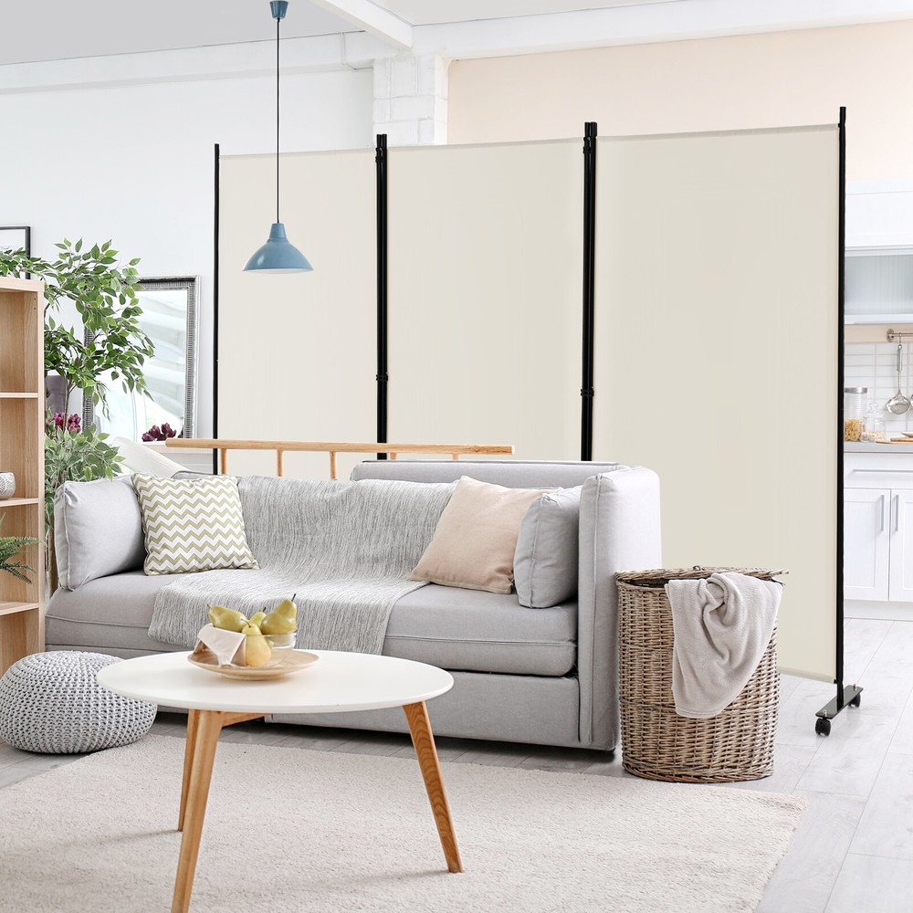 3-Panel Folding Room Divider 6Ft Rolling Privacy Screen w/Lockable Wheels White