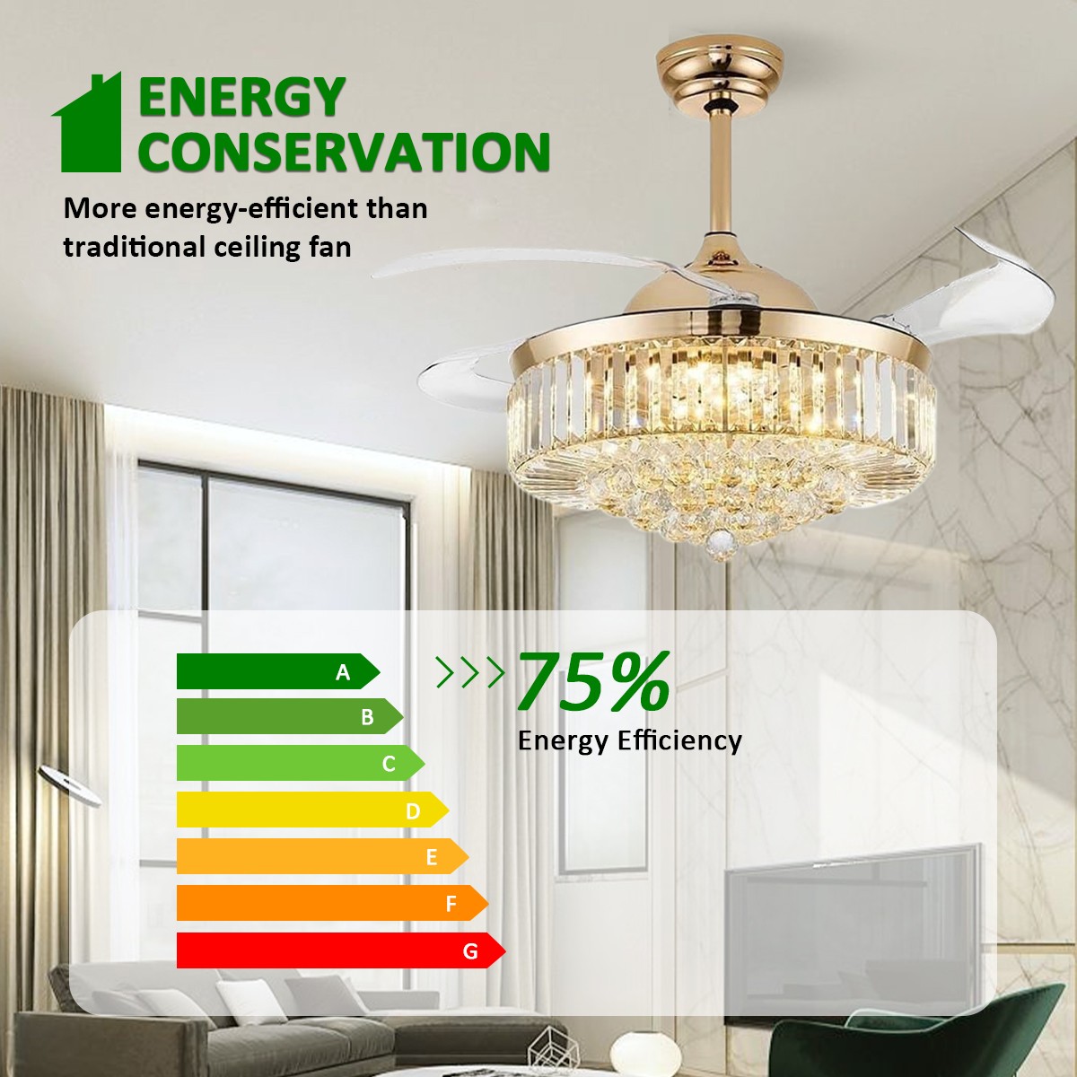 42" Modern Crystal Indoor Ceiling Fan Chandelier w/ Light and Remote Reversible