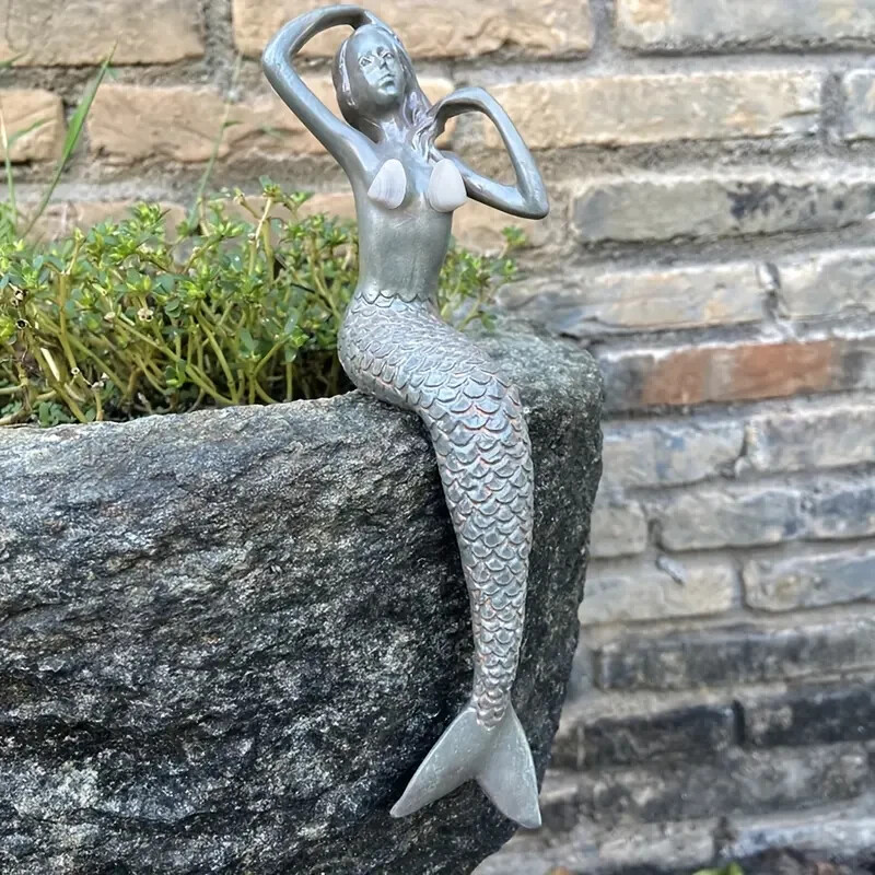 NEW 8" Vintage Silver Style Shelltop Mermaid Sits Resin Figurine Sculpture 8x2.4