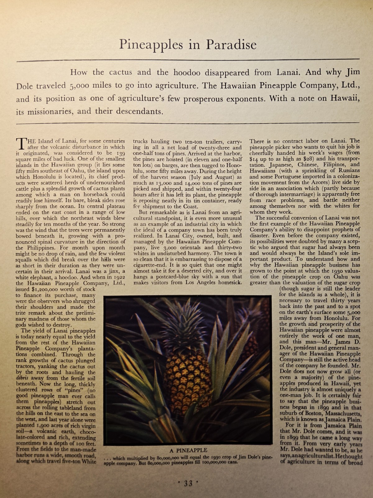 1930 Pineapples In Paradise Magazine Article Hawaiian Pineapple Co Lanai Dole