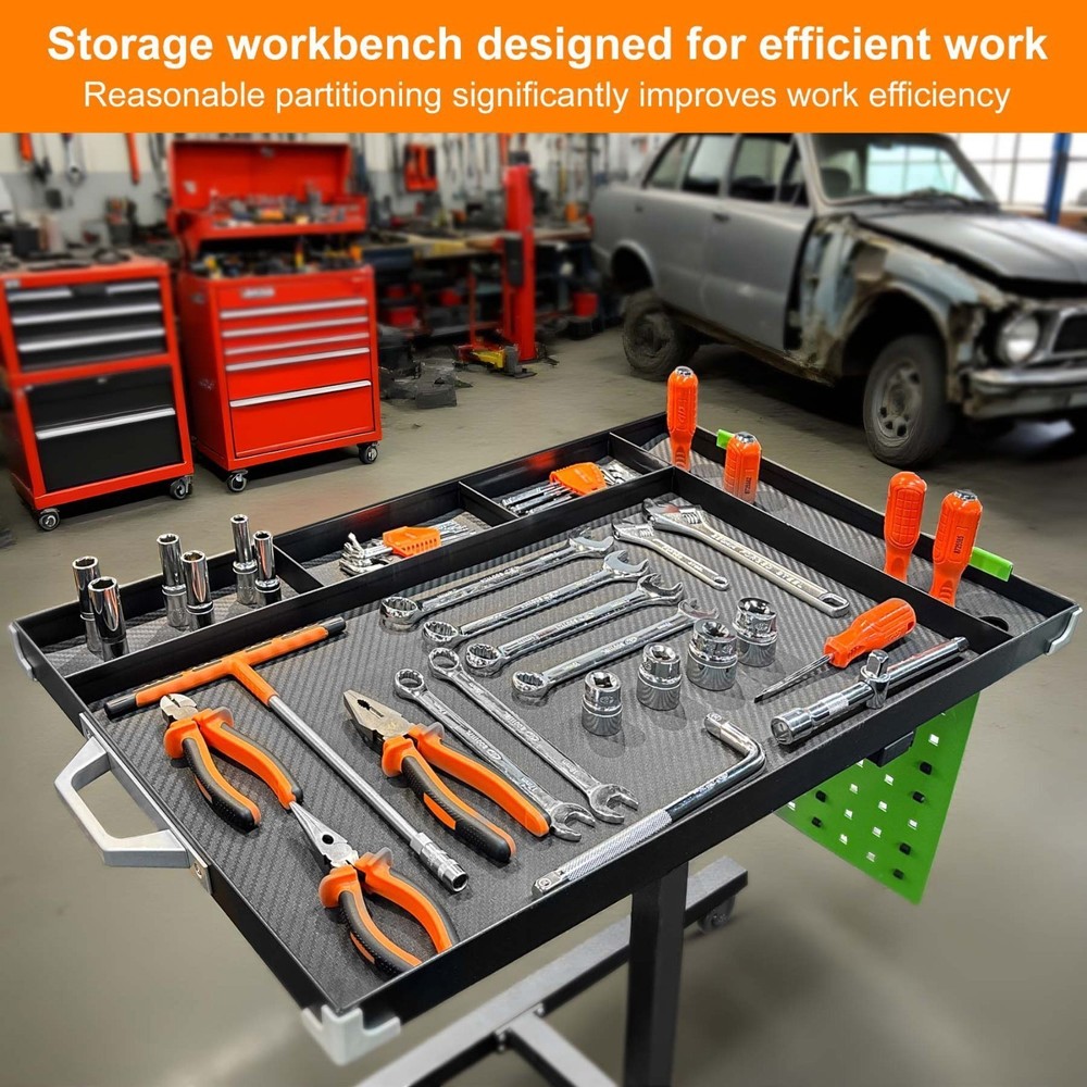 Adjustable Rolling Tool Tray Mobile Work Table with Wheels for Garage Mechanic