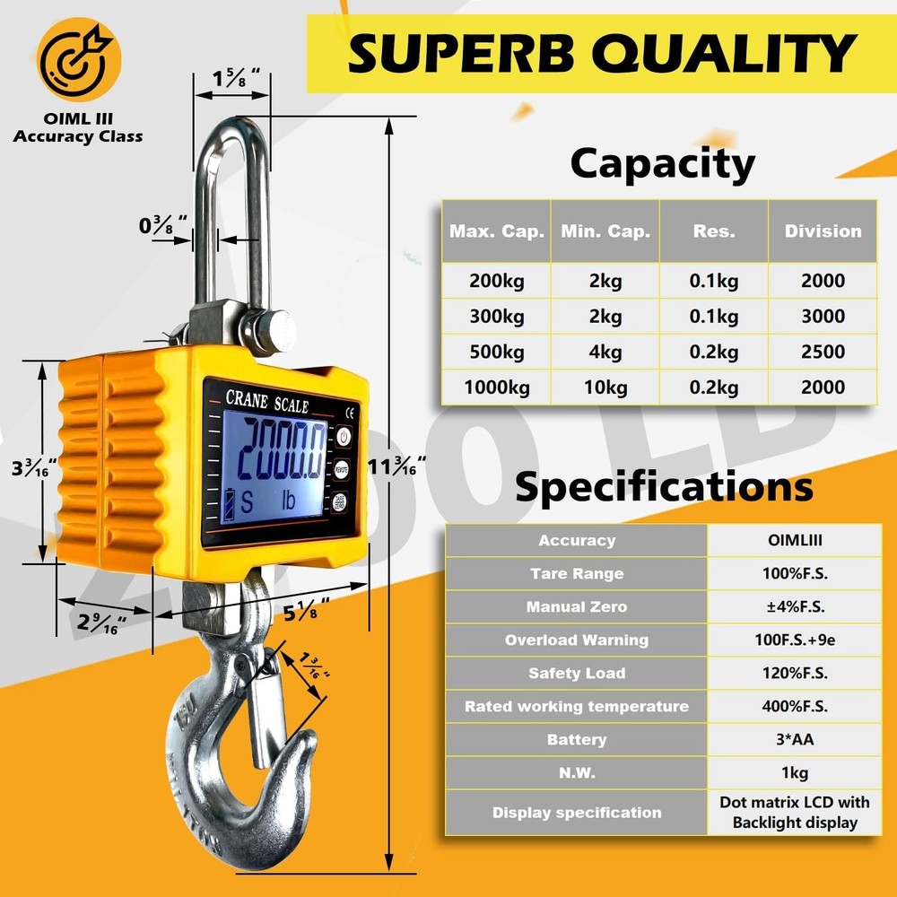 2200lb High Precision Digital Crane Scale with Remote Control for Precision W...