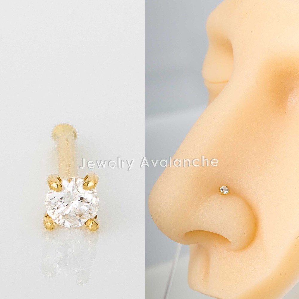 Solid 20G 14K Gold Diamond Ball-end Nose Ring Stud, Nose Bone Stud Prong Set