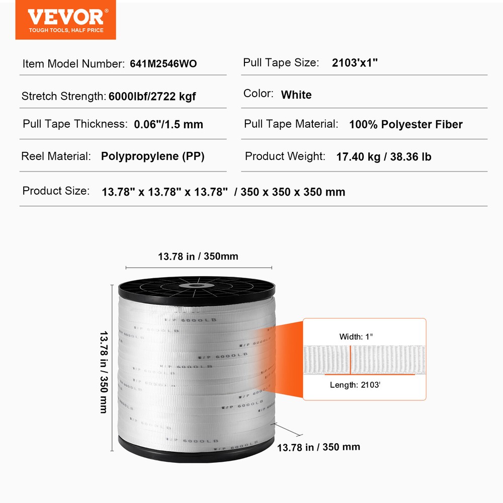 VEVOR Polyester Pulling Tape Mule Tape 1" x 2103' 6000 lbf Tensile Capacity