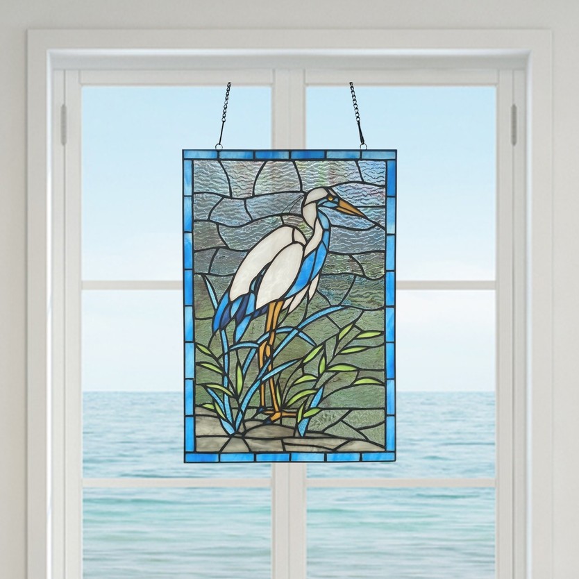 18" White & Blue Crane Stained Glass Window Panel