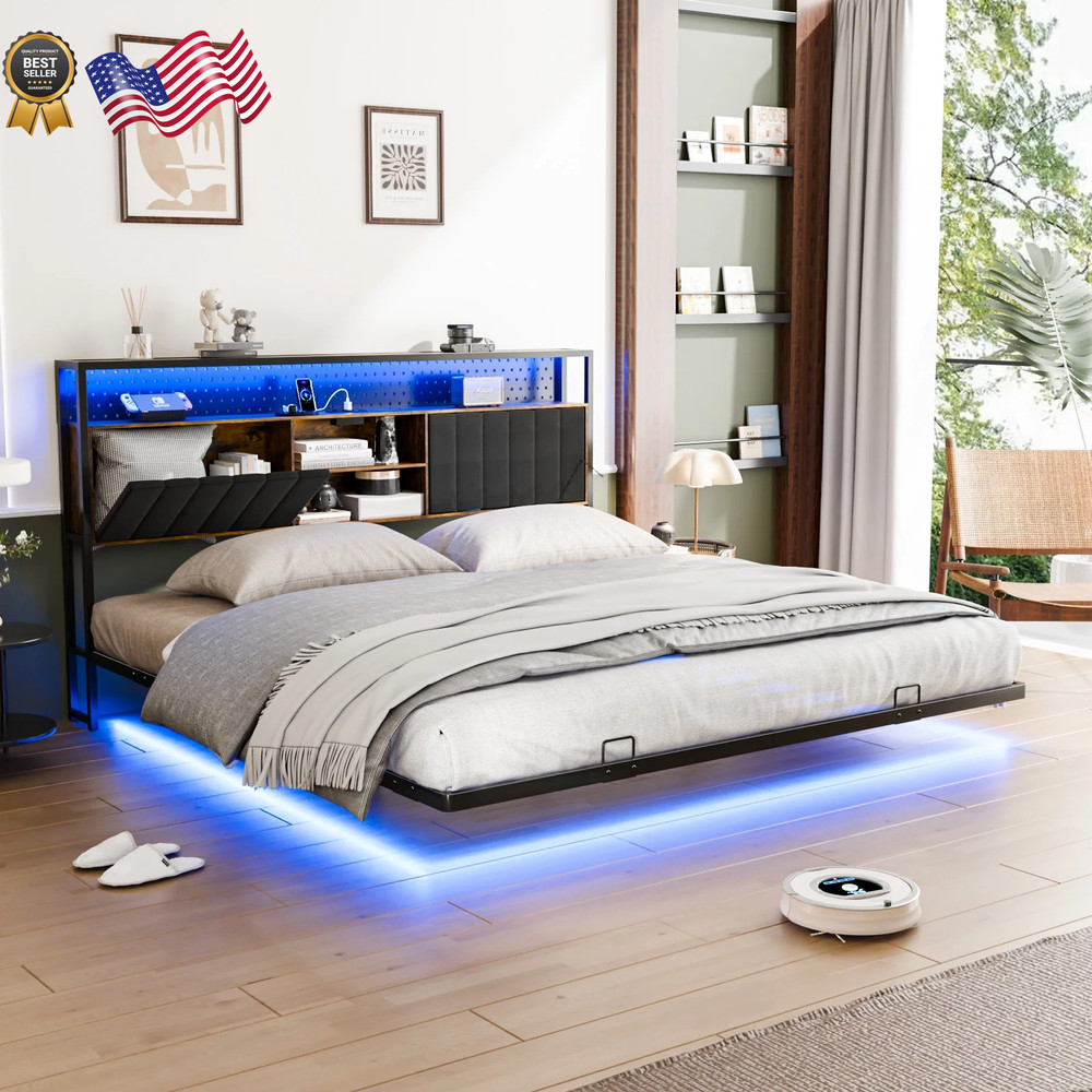 KING SIZE Floating Platform Bed Frame With Charging Station Storage Headboard