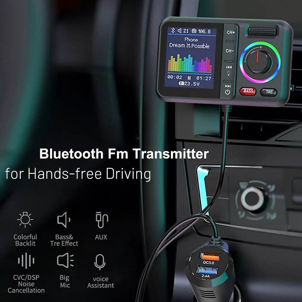 Bluetooth 5.0 Car Wireless FM Transmitter Adapter 2USB PD Charger Hands-free