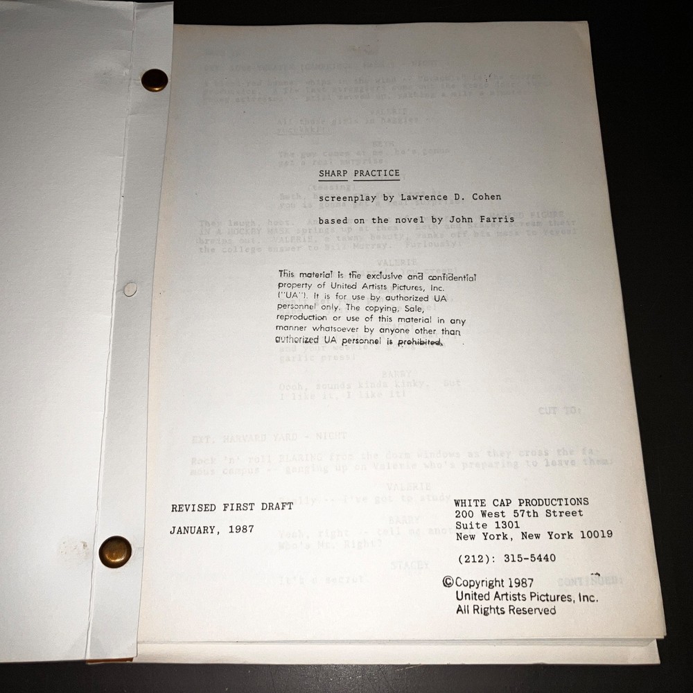 SHARP PRACTICE (1987) Rare Unmade Lawrence D. Cohen Script For John Farris Novel