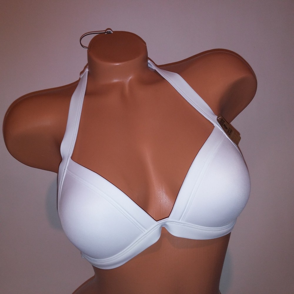 Victoria Secret PINK Swim Bikini Top Medium White Solid Triangle Halter Padded