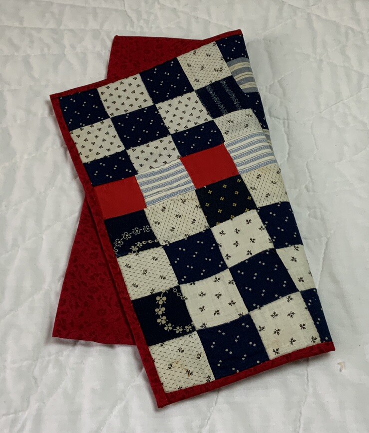 Vintage Antique Patchwork Quilt Table Topper, Four Patch, Early Calicos, Navy