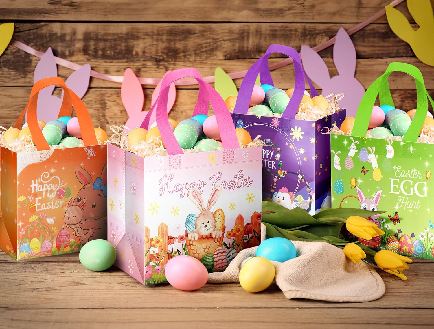 7Pcs Happy Easter Gift Bags, Reusable Non-Woven Goodie Bags with Handle for Kids