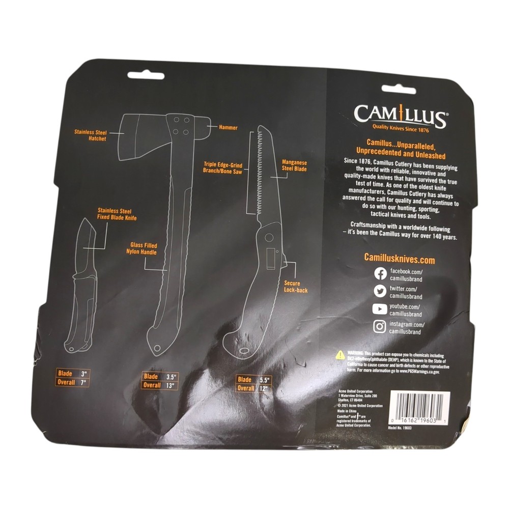 Camillus Multi-Tool Camp Pack, 4-Tools, 13" Hatchet and Sheath, 7" Fixed Bladed