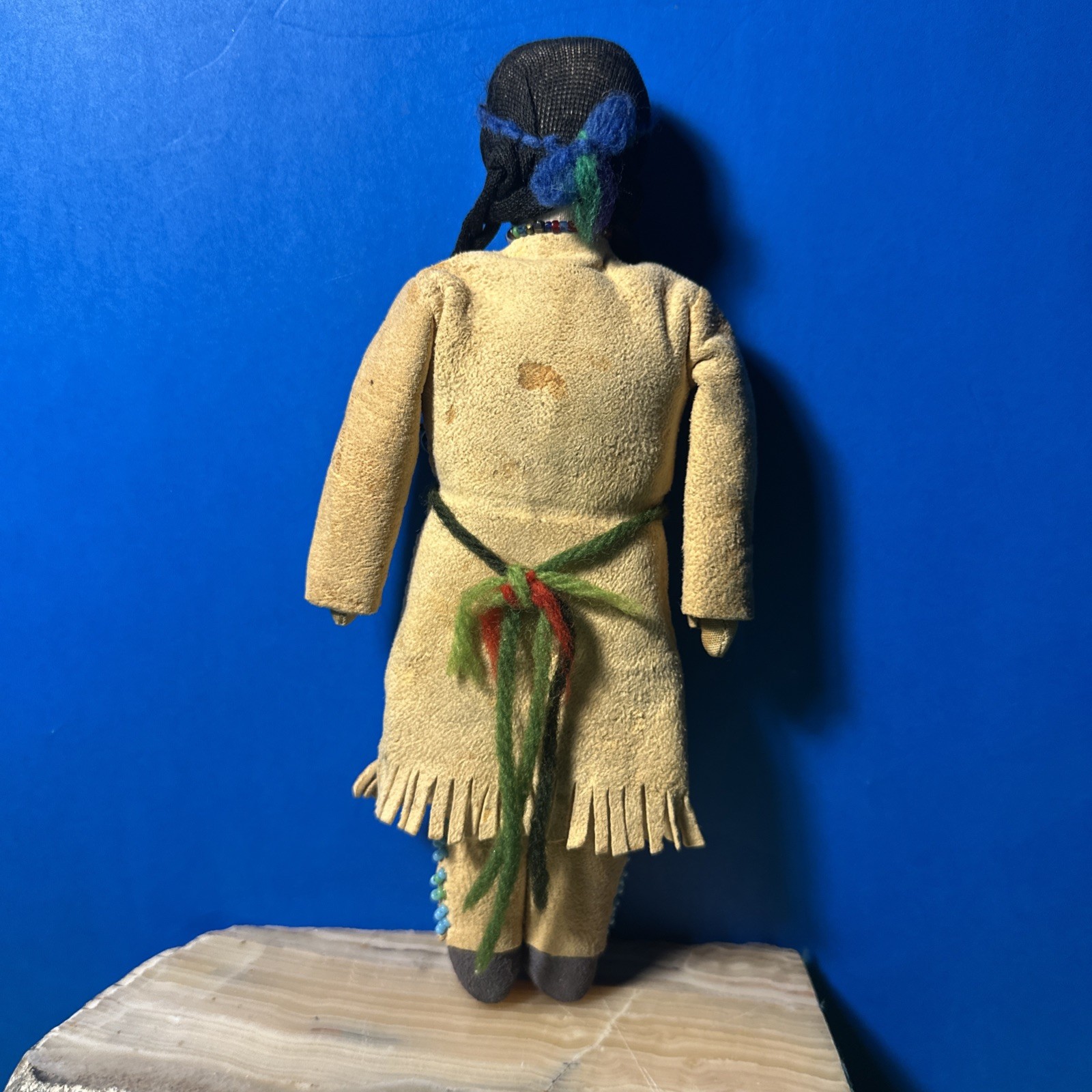 RARE 19th Century Antique Native Plain’s Indian Fringe Beaded Hide Doll Ink Face