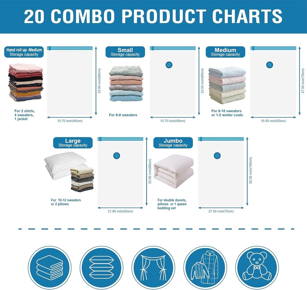 Effortless Space-Saving: 20 Pack Vacuum Storage Bags with Various Sizes & Pump
