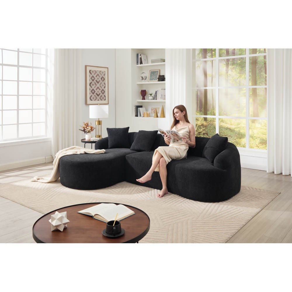 L-Shape Sectional Sofa w/ Chaise, Black Chenille Modular Couch, 30D Foam