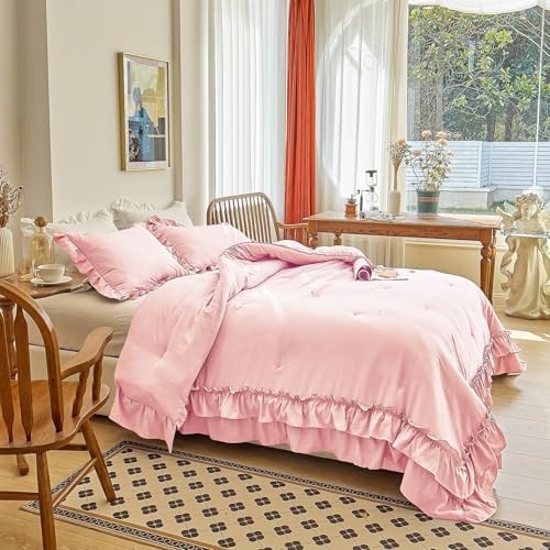 Ruffle Comforter Set 3 Pieces Vintage Ruffle Fringe Queen Peach Pink