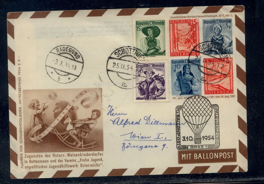 Austria  large  ballonpost  postal  envelope  1954