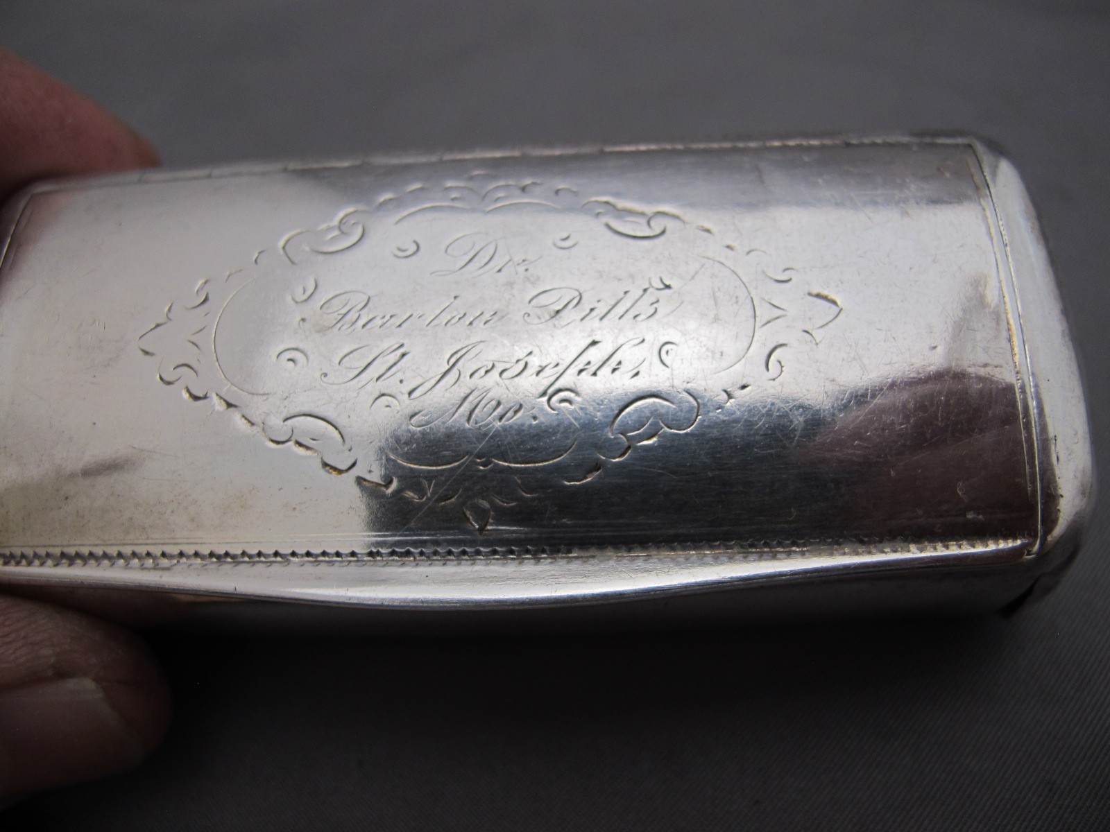 19th C AUSTRIAN Silver SNUFF BOX w/MISSOURI ENGRAVING-Dr Barlow Pills ST JOSEPH