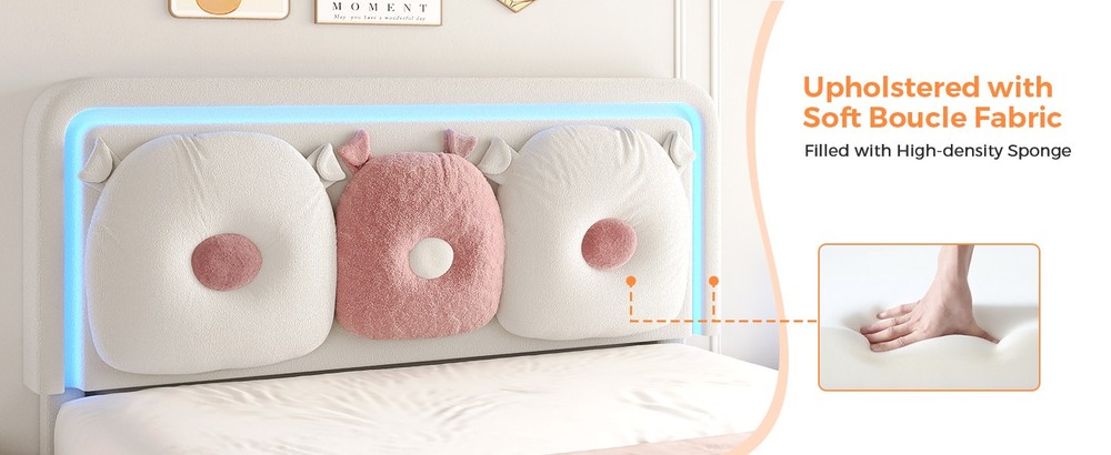 Easy Assembly Upholstered Beige Bed Adjustable Headboad With LED Light