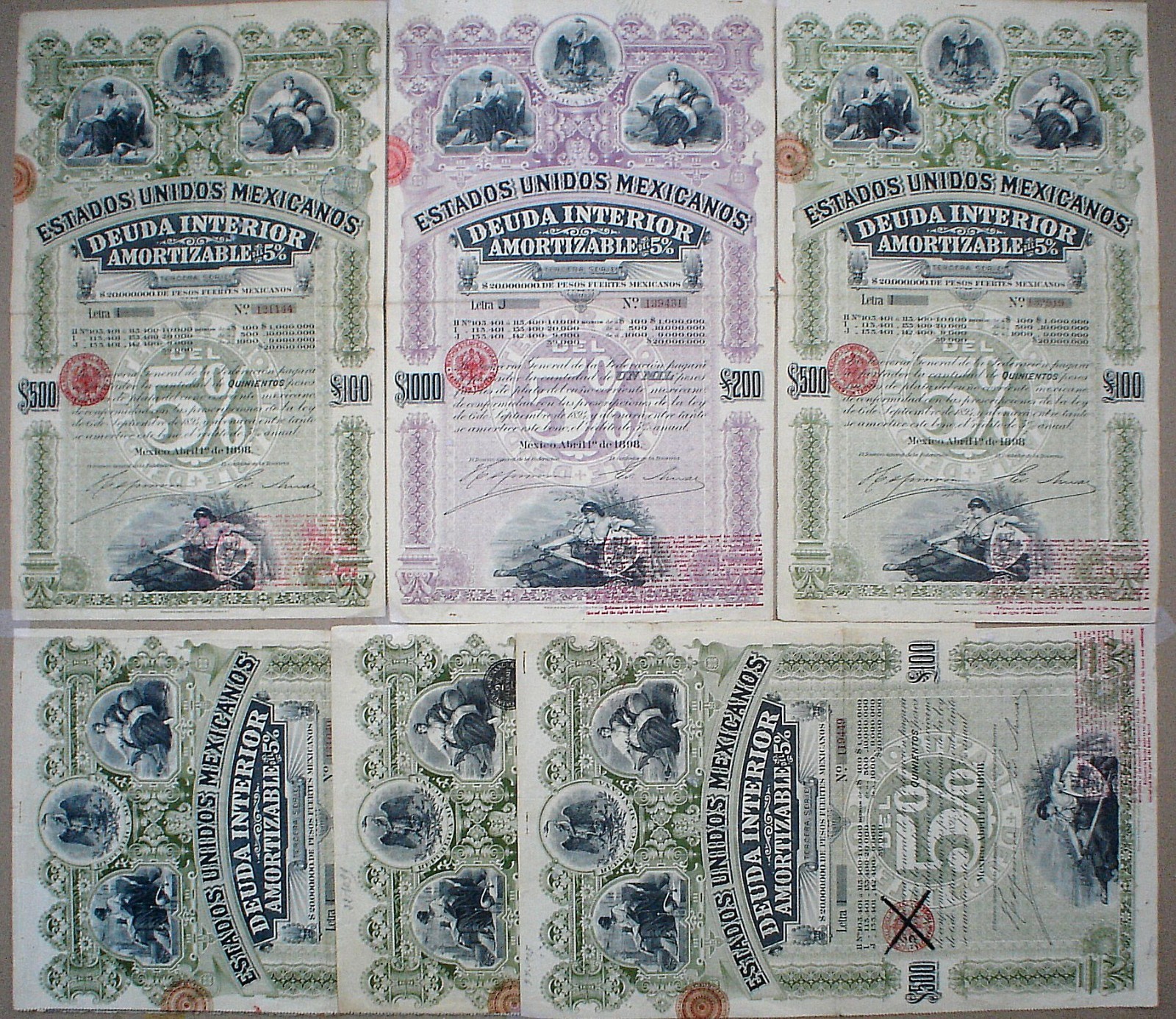 6 x ESTADOS UNIDOS MEXICANOS BONDS 5 x 500 + 1 x 1000$ = £100 + £200 uncanceled