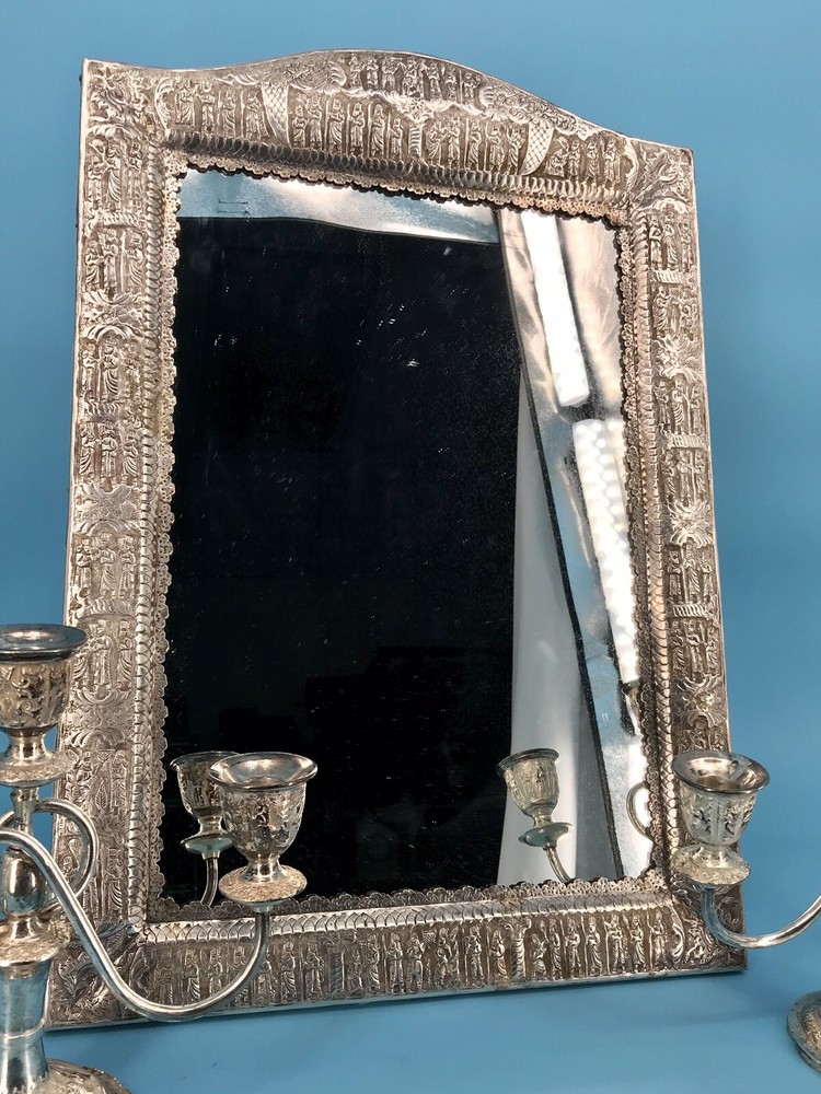 Middle Eastern,carved set Candlestick & Sheet Mirror 84 SOLID Silver 2800 grams